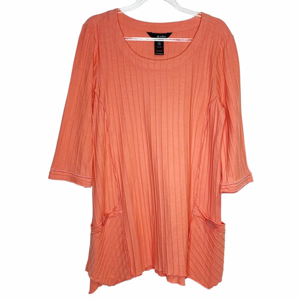 Ali‎ Miles Womens Size Small Coral Tunic Top Textured Pockets Cotton 3/4 Sleeve
